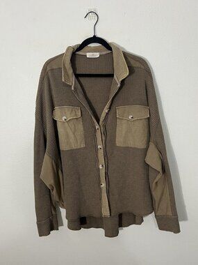 Sunland 17 Tan Brown Waffle Knit Long Sleeve Shirt Size Large Distressed Boho